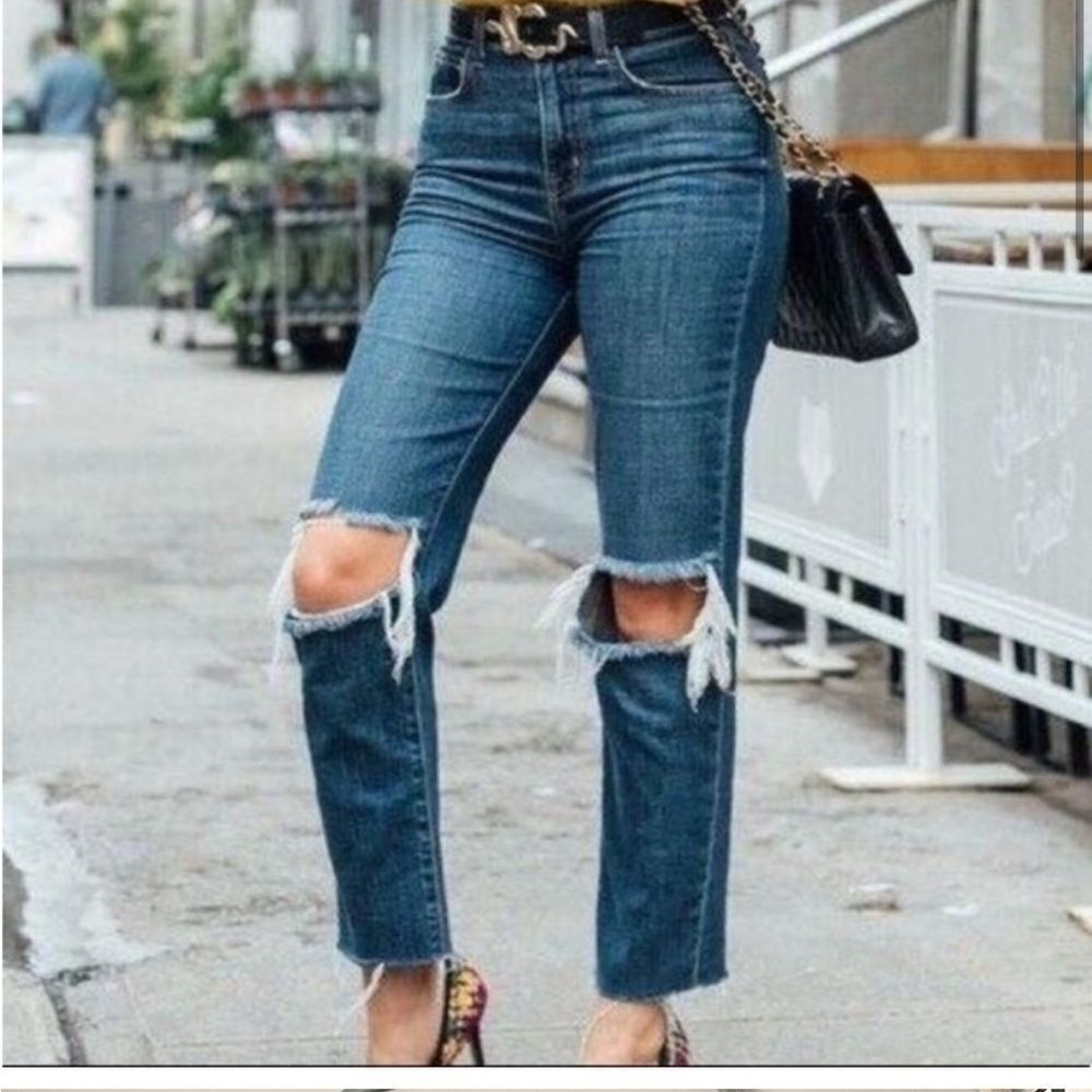 LAGENCE Audrina Straight High Rise Denim Jeans Destroyed Ripped Knee- Size 26